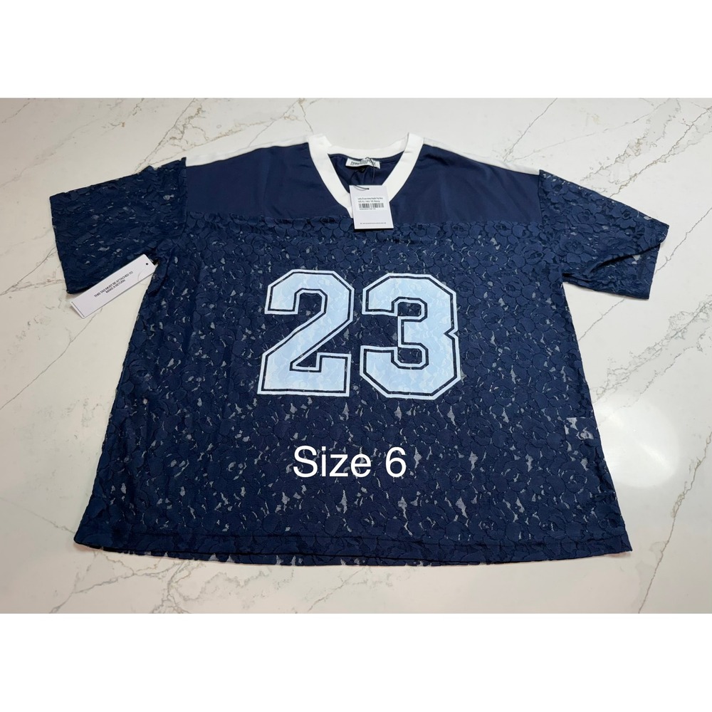 Princess Polly Lucky 23 Lace Jersey Graphic Top Navy Blue US 6 NEW